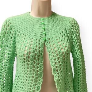 Vintage Hand Crocheted Green Cardigan Sweater Knit Pearlised Buttons 1950s-60s